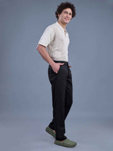 L&C Black | Straight Fit | Regular Length | Side Elasted Casual Trousers For Men | PV 4 Way Lycra | Plain