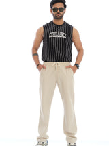 L&C Beige | Relax Fit | Regular Length | Casual Lowers For Men with chain on right side pocket| Tensile Linen Dobby | Linen Blend