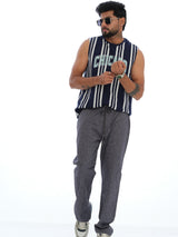 L&C Blue | Relax Fit | Regular Length | Casual Lowers for Men with chain on right side pocket| Linen Look | Cotton Blend Fabric