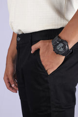 L&C Black| Narrow Fit| Cotton Shelf Dobby| Side Elastic Casual Trousers for Men