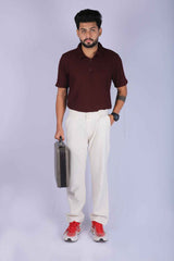 L&C Beige | Linen Look Dobby| Relax Fit| Side Elastic lining Casual Linen Trousers with right pocket chain