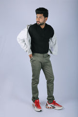 L&C Olive| Cotton Shelf Dobby| Narrow Fit| Side Elasticated Casual Trousers for Men