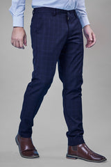 L&C Navy Checked Regular Fit Ankle Length Formal/Casual Pants For Men | Polyester Viscose Blend