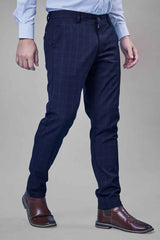 L&C Navy Checked Regular Fit Ankle Length Formal/Casual Pants For Men | Polyester Viscose Blend