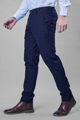 L&C Navy Checked Regular Fit Ankle Length Formal/Casual Pants For Men | Polyester Viscose Blend