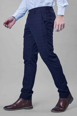 L&C Navy Checked Regular Fit Ankle Length Formal/Casual Pants For Men | Polyester Viscose Blend