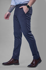 L&C Navy Plain Regular Fit Ankle Length Formal/Casual Pants For Men | Polyester Viscose Blend