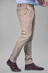 L&C Khaki Checked Regular Fit Ankle Length Formal/Casual Pants For Men | Polyester Viscose Blend