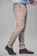 L&C Khaki Checked Regular Fit Ankle Length Formal/Casual Pants For Men | Polyester Viscose Blend