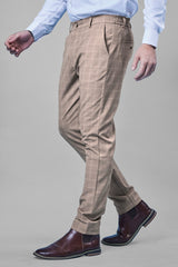 L&C Khaki Checked Regular Fit Ankle Length Formal/Casual Pants For Men | Polyester Viscose Blend