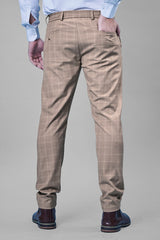 L&C Khaki Checked Regular Fit Ankle Length Formal/Casual Pants For Men | Polyester Viscose Blend