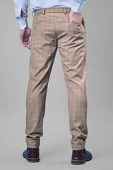 L&C Khaki Checked Regular Fit Ankle Length Formal/Casual Pants For Men | Polyester Viscose Blend