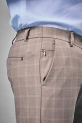 L&C Khaki Checked Regular Fit Ankle Length Formal/Casual Pants For Men | Polyester Viscose Blend