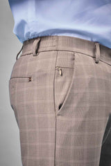 L&C Khaki Checked Regular Fit Ankle Length Formal/Casual Pants For Men | Polyester Viscose Blend