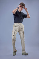 L&C Men's Khaki Cotton Dobby Cargo Pants | Comfort Fit