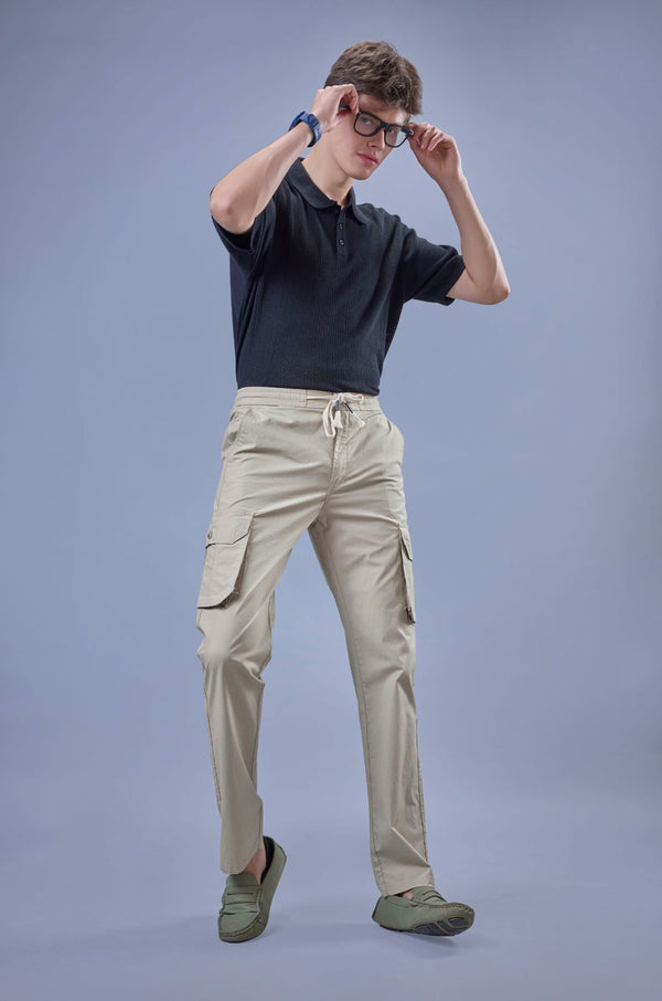 L&C Men's Khaki Cotton Dobby Cargo Pants | Comfort Fit