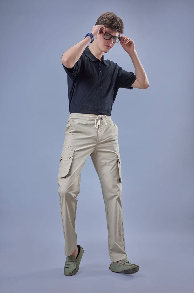 L&C Men's Khaki Cotton Dobby Cargo Pants | Comfort Fit