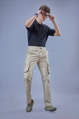 L&C Men's Khaki Cotton Dobby Cargo Pants | Comfort Fit