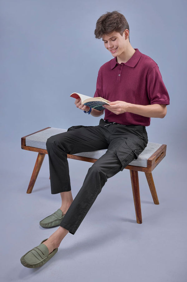 L&C Men's Olive Cotton Dobby Cargo Pants | Comfort Fit