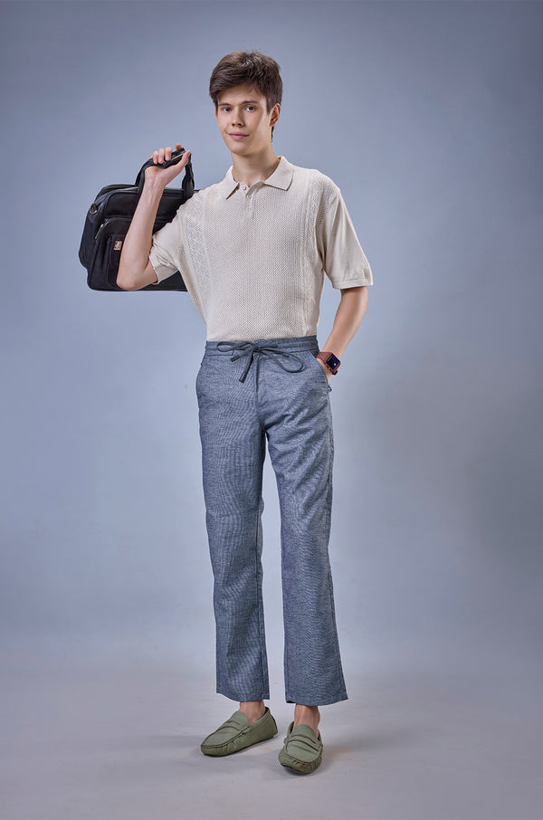 L&C Blue Relax Fit Ankle Length Casual Lowers for Men | Linen Blend Comfort
