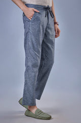 L&C Blue Relax Fit Ankle Length Casual Lowers for Men | Linen Blend Comfort