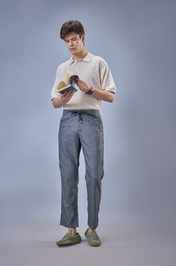 L&C Dark Grey Relax Fit Ankle Length Casual Linen Blend Lowers For Men