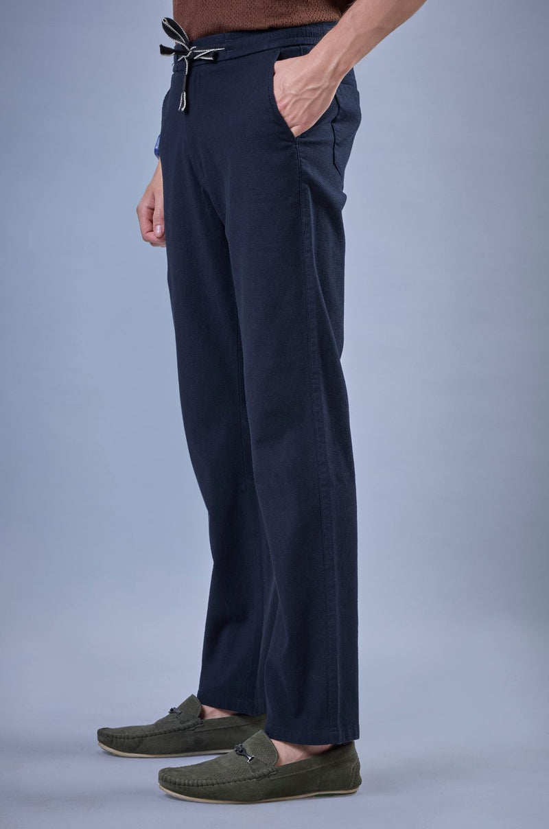 L&C Men's Navy Cotton Dobby Casual Lowers | Comfort Fit