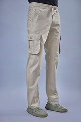 L&C Men's Khaki Cotton Dobby Cargo Pants | Comfort Fit