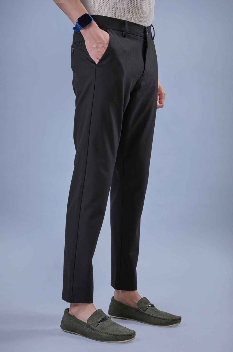 L&C Black Lined Regular Fit Ankle Length Formal/Casual Pants For Men