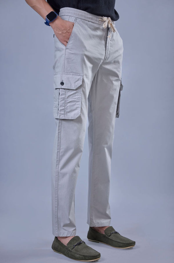 L&C Men's Light Grey Cotton Dobby Cargo Pants | Comfort Fit