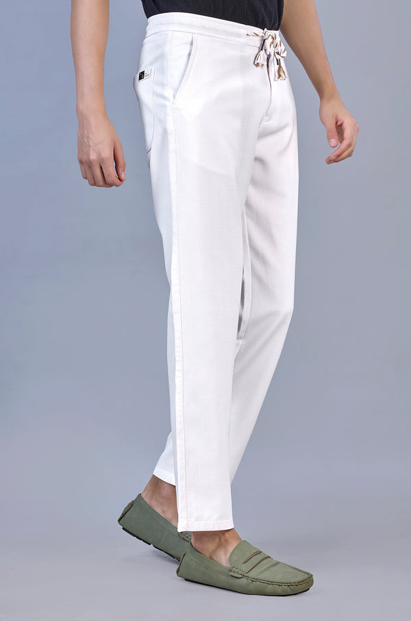 L&C Men's White Linen Look Dobby | Polyester | Casual Lowers | Relax Fit With 4 Pockets and Drawstring