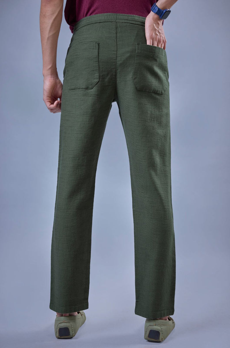 L&C Men's Olive Cotton Dobby Casual Lowers | Comfort Fit