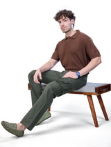 L&C Olive | Relax Fit | Regular Length | Gripper Elastic Cargo For Men with Chain | Cotton Dobby | Dobby
