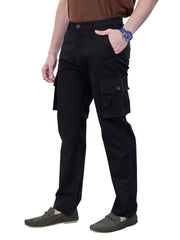 L&C Black | Relax Fit | Regular Length | Gripper Elastic Cargo For Men with Chain | Cotton Dobby | Dobby