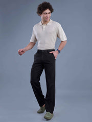 L&C Black | Straight Fit | Regular Length | Side Elasted Casual Trousers For Men | PV 4 Way Lycra | Plain