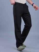 L&C Black | Straight Fit | Regular Length| Fusing Elastic Casual Trousers For Men | PV 2 Way Lycra | Plain
