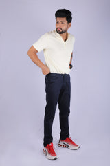 L&C Navy| Cotton Shelf Dobby| Narrow Fit| Side Elasticated  Casual Trousers for Men