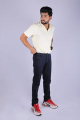 L&C Navy| Cotton Shelf Dobby| Narrow Fit| Side Elasticated  Casual Trousers for Men