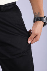 L&C Black| Narrow Fit| Cotton Shelf Dobby| Side Elastic Casual Trousers for Men