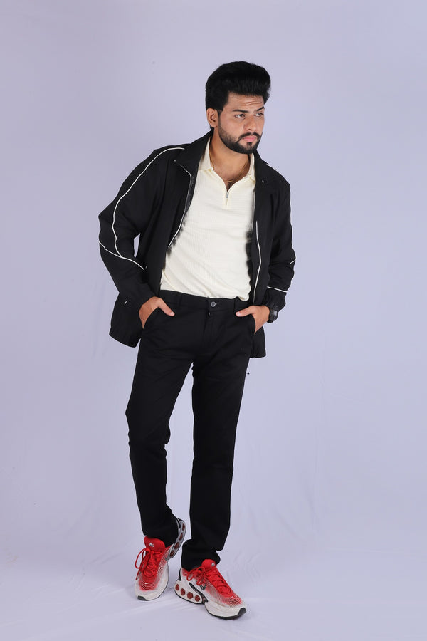 L&C Black| Narrow Fit| Cotton Shelf Dobby| Side Elastic Casual Trousers for Men