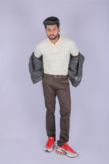 L&C Brown| Cotton Shelf Dobby| Narrow Fit| Side Elastic Casual Trousers for Men