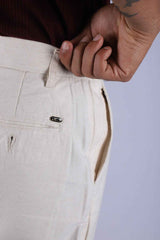 L&C Beige | Linen Look Dobby| Relax Fit| Side Elastic lining Casual Linen Trousers with right pocket chain