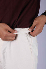 L&C Beige | Linen Look Dobby| Relax Fit| Side Elastic lining Casual Linen Trousers with right pocket chain