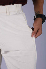 L&C Beige | Linen Look Dobby| Relax Fit| Side Elastic lining Casual Linen Trousers with right pocket chain