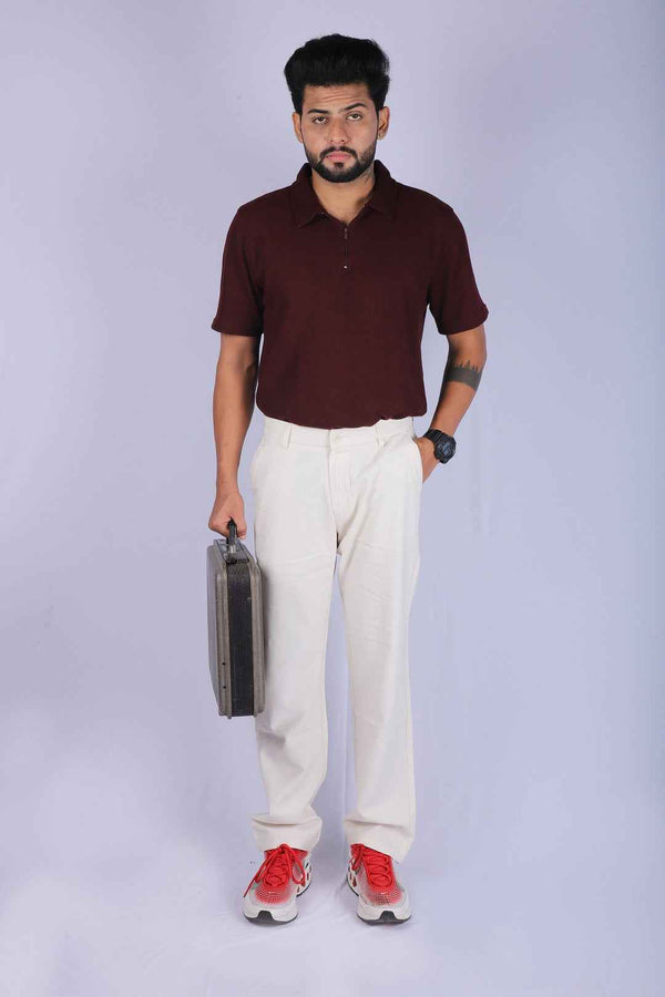 L&C Beige | Linen Look Dobby| Relax Fit| Side Elastic lining Casual Linen Trousers with right pocket chain