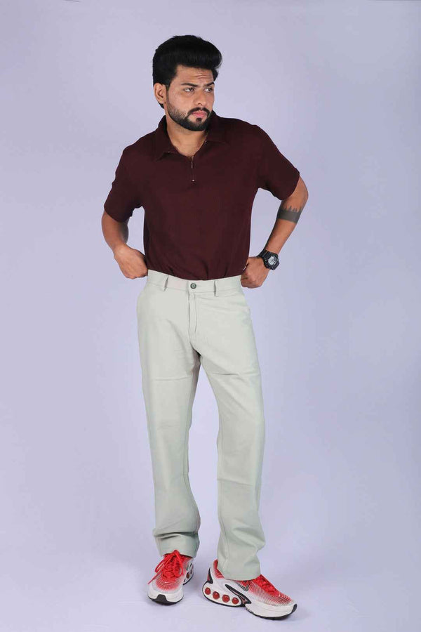 L&C Khaki | Relax Fit | Linen look lined Dobby | Side Elastic Casual Trousers with chain on right side pocket tailored for Men