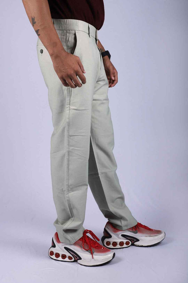 L&C Khaki | Relax Fit | Linen look lined Dobby | Side Elastic Casual Trousers with chain on right side pocket tailored for Men