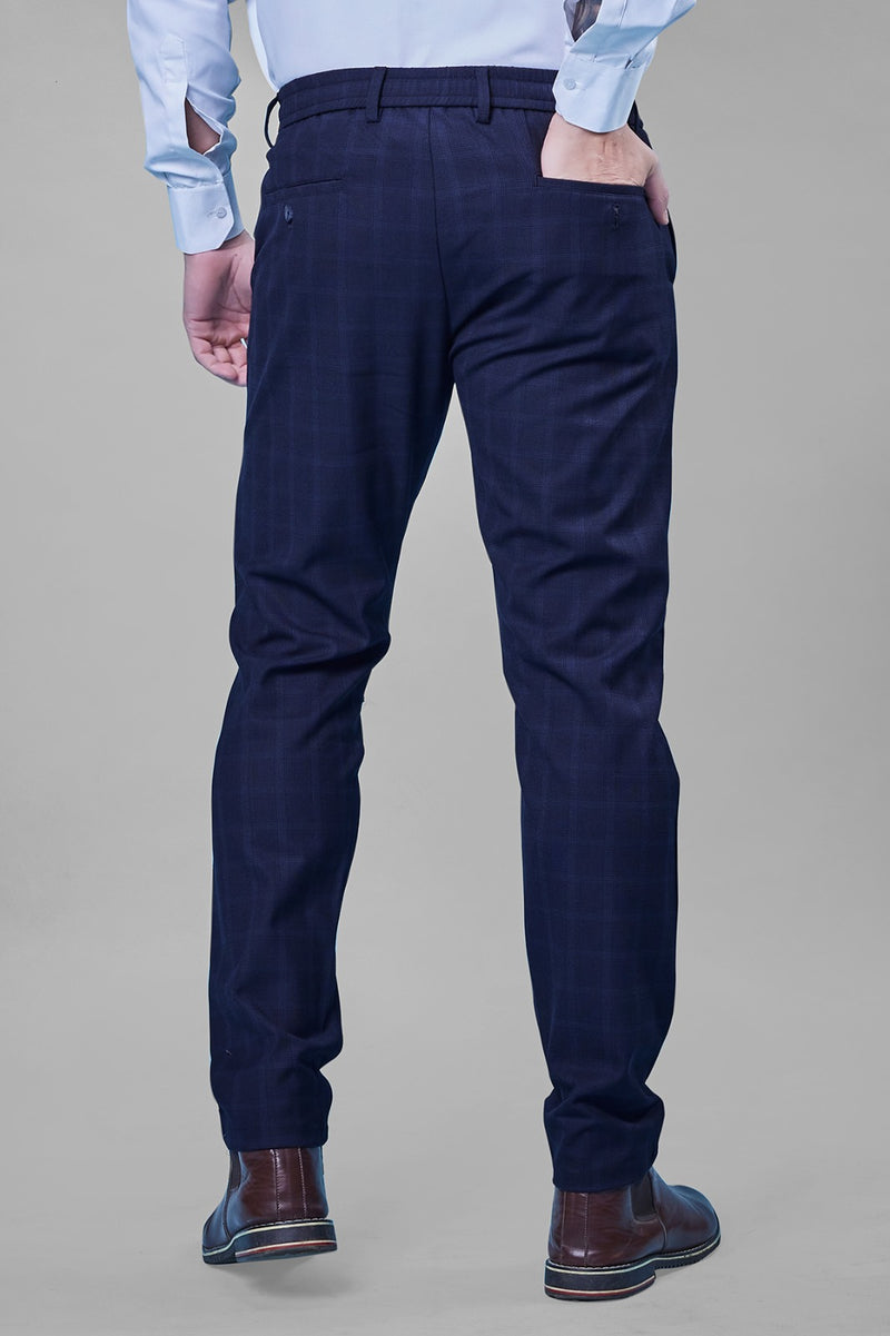 L&C Navy Checked Regular Fit Ankle Length Formal/Casual Pants For Men | Polyester Viscose Blend