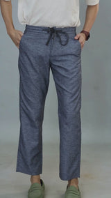 L&C Blue Relax Fit Ankle Length Casual Lowers for Men | Linen Blend Comfort